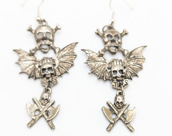 Vintage Bat Motorcycle Skull Axe Dangle Drop Silver Earrings Motor Cycle Bad Boy Earring Hog Life Gift For Her Halloween Creepy