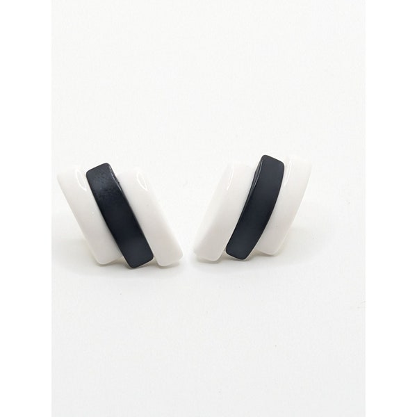 Vintage Acrylic 1980s Black + White Stud Earrings Asymmetrical Funky Costume Jewelry Retro Jewelry Cruella Deville