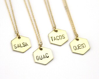 Choose: Salsa | Guac | Tacos | Queso | Hexagon Geometric Necklace | Gold Taco Tuesday Necklace | Food Necklace | Mexican Food Jewelry