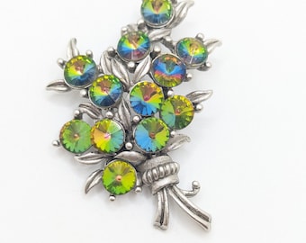 Vintage Stunning Watermelon Aurora Borealis Rhinestone Bouquet Flower Brooch Floral Lapel Pin Silver Tone Present For Her Wife Woman