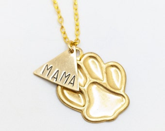 Dog Mama Mom Paw Print Pendant Charm Necklace Brass Gold Plated Pet Parent Geometric Layering Childfree Child Free Jewelry Everyday Gift