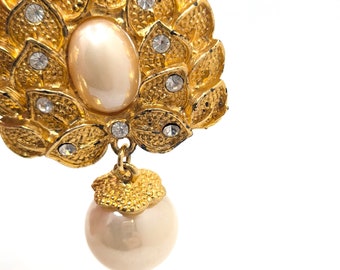 Broche Vintage Nœud Doré Avec Strass Et Perle Goutte - Occasion, Alliage Doré