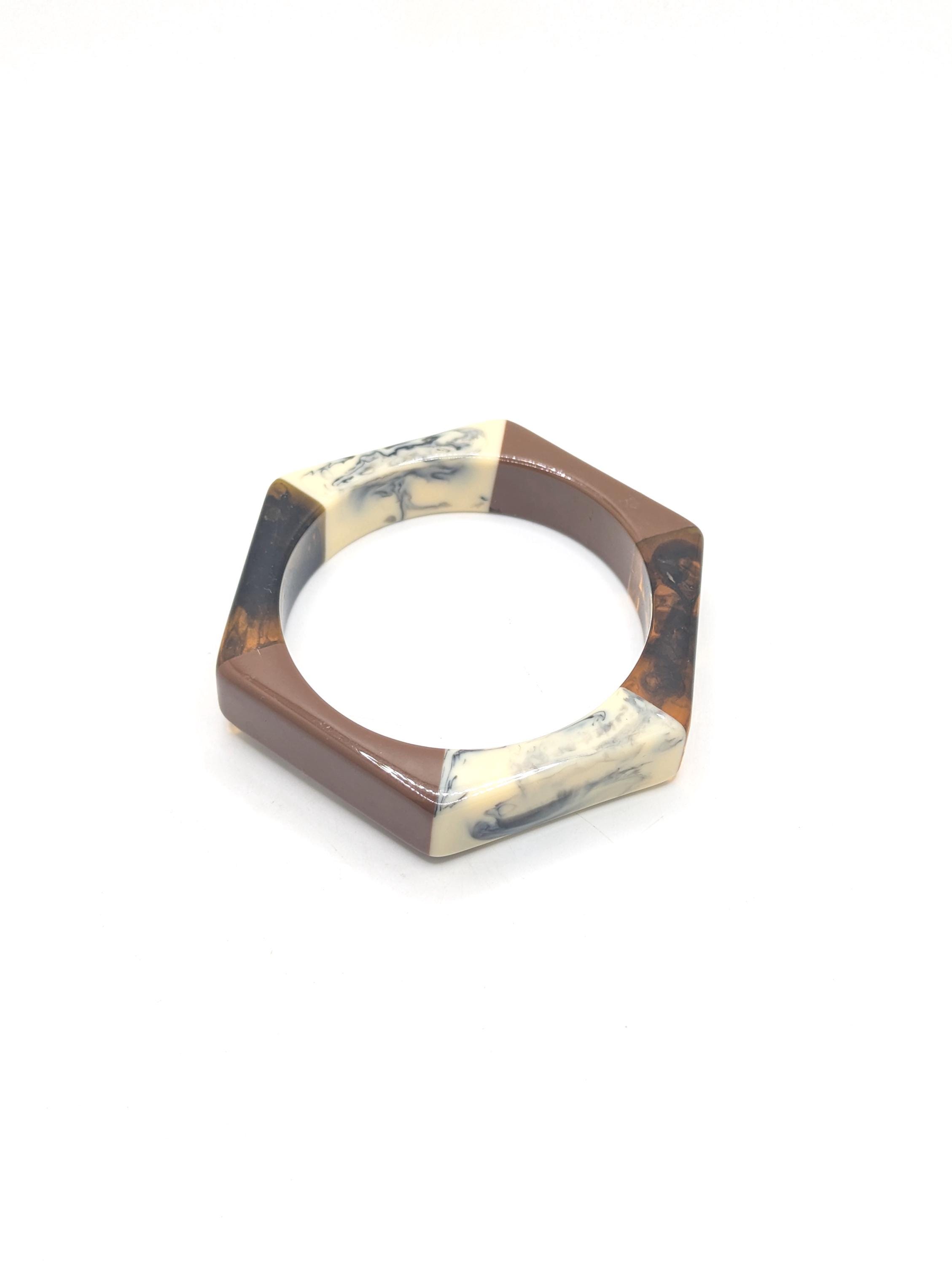 Vintage Lucite Marbled Hexagon Chunky Bangle Translucent Cream Brown Faux Tortoise Shell Present Gift Statement Costume Jewelry Gift Present