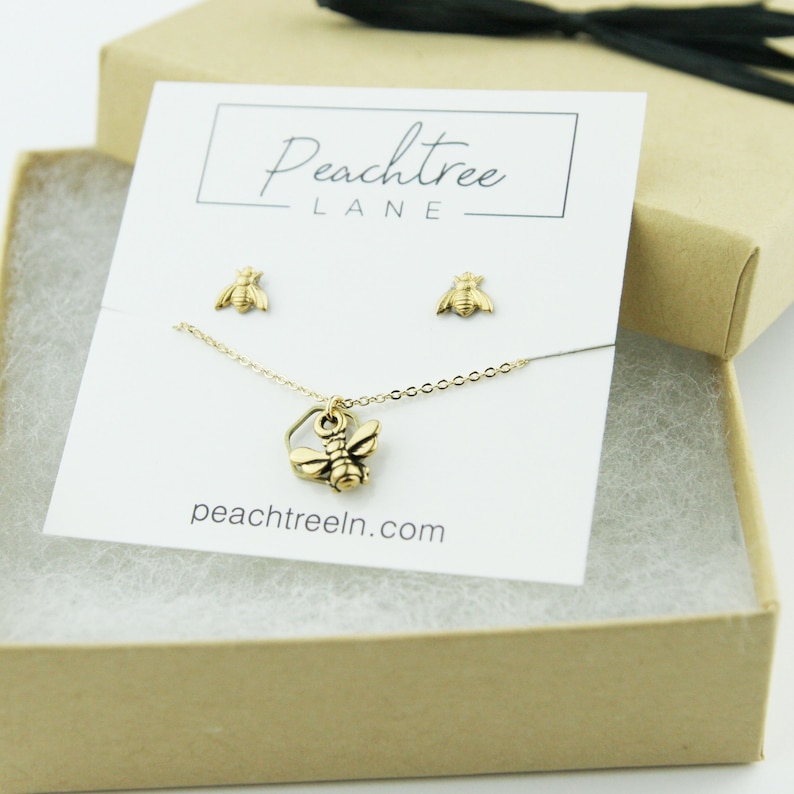 Nature Jewelry Honeybee Post Earrings Bee Hexagon Necklace Bridesmaid Gifts Tiny Brass Bee Earring Necklace Set Gift Set