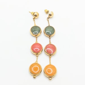 Vintage Long Triple Drop Dangle Stud Earrings Multicolor Disc Gold Enamel Round Discs Yellow Coral Mustard Yellow Dramatic Statement