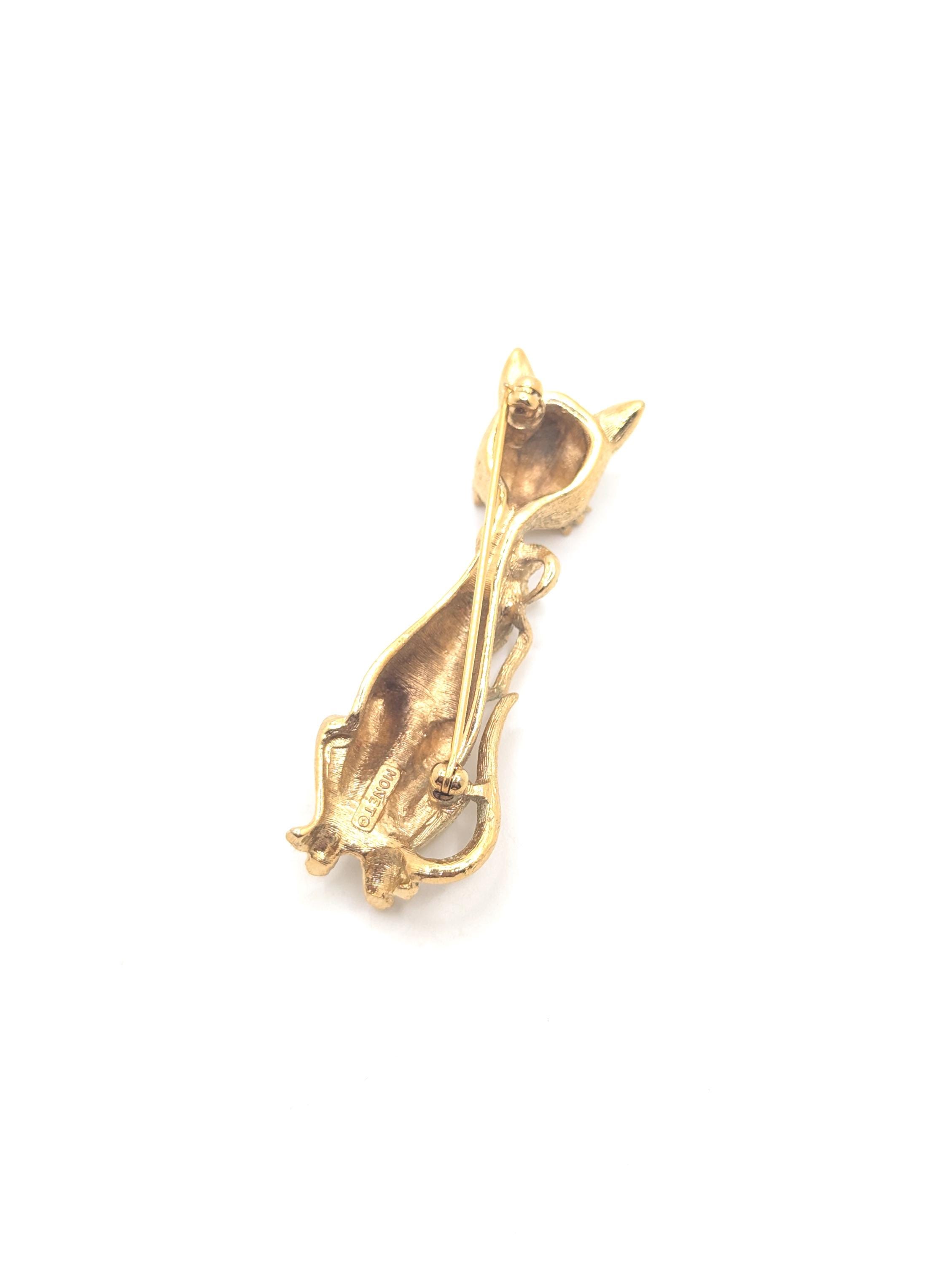 Broche Vintage Chat Doré Sur Branche - Bijou Rétro Années 70/80 - Occasion