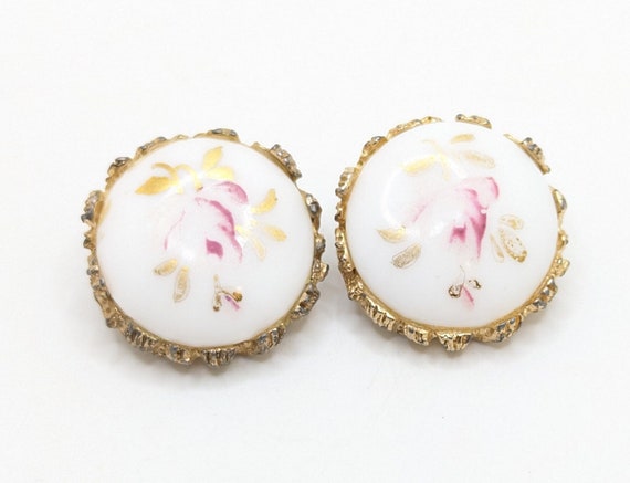 Vintage Milk Glass Flower Rose Hand Painted Clip … - image 1