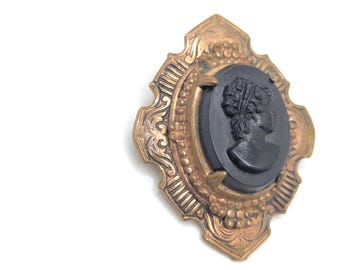 Broche Vintage Camée - Buste De Femme En Relief Sur Fond Noir - Réf. 4446 - Occasion