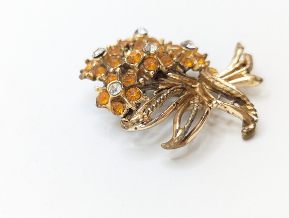Vintage Amber Rhinestone Brooch Lapel Pin Floral … - image 2