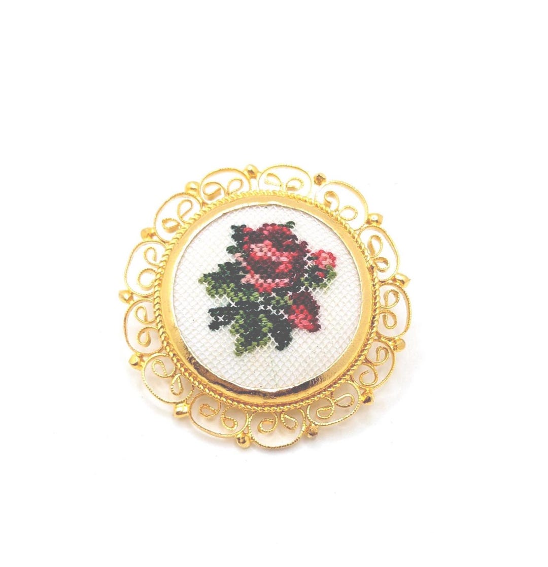 Vintage Rare Red Rose Embroidered Gold Filigree Brooch Lapel Pin ...