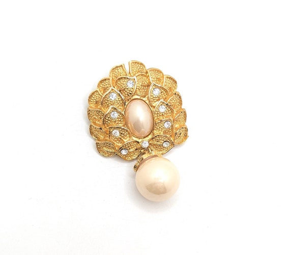 Broche Vintage Noeud Dorée Avec Strass Et Perle Goutte En Pampille - Alliage Doré - Occasion