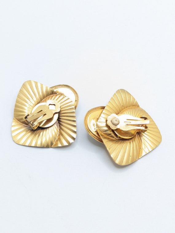 Vintage Art Deco Large Fan Gold Clip On Earrings … - image 5