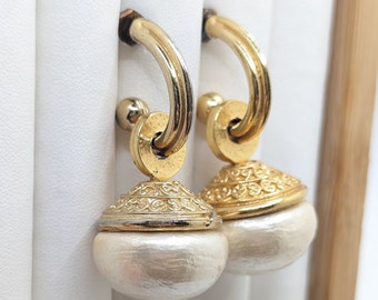 Vintage Jacky DE G Faux Pearl Gold Egyptian Revival Drop Dangle Stud Earrings Ornate Gold Wedding Bridal Present Gift Bridesmaid Signed