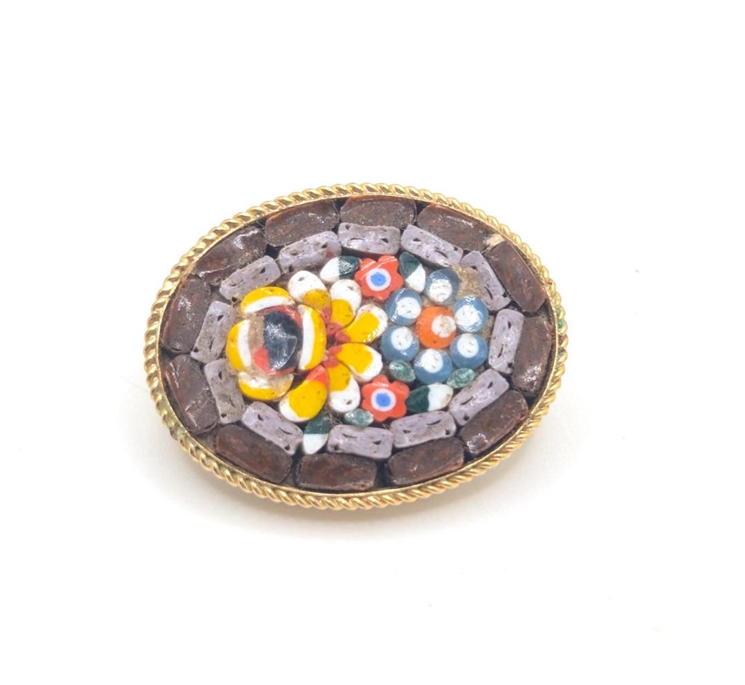 Broche Ancienne Micro-mosaïque Italienne Vintage Années 30 - Motif Fleurs - Métal Laiton - Occasion
