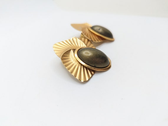 Vintage Art Deco Large Fan Gold Clip On Earrings … - image 2