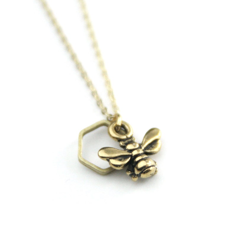 Nature Jewelry Honeybee Post Earrings Bee Hexagon Necklace Bridesmaid Gifts Tiny Brass Bee Earring Necklace Set Gift Set