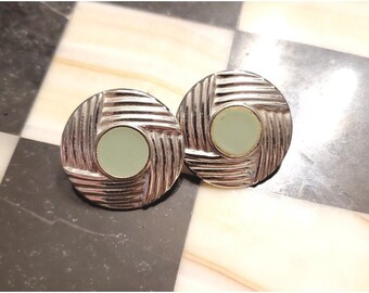 Vintage 1980s Mint Green Geometric Earrings Enamel Silver Tone Stud Abstract Round Simple Modern 80s