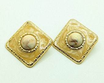 Vintage Square Gold Tone Earring Stud Faux Marble Cabochon Taupe Neutral 1980s 80s Chunky Gift For Her Wedding Present