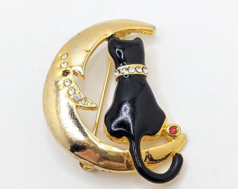 Vintage Moon Black Cat Kitten Rhinestone Sitting Lover Brooch Lapel Pin Gift For Her Present Kitschy Animal Mom Mama