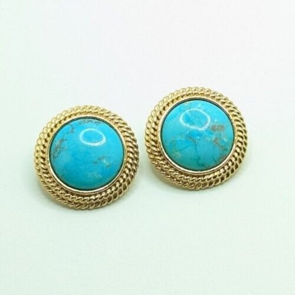 Heavy Vintage Rope Gold Tone Stud Faux Turquoise Earrings Earring Howlite Boho Bohemian Round Present Gift For Her
