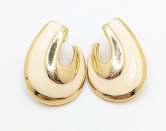 Vintage Geometric Abstract Cream Gold Enamel Clip On Earrings Beige Modernist Brutalist Wedding Statement Jewelry Present Gift For Her