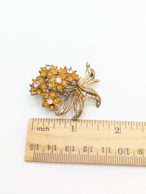 Vintage Amber Rhinestone Brooch Lapel Pin Floral … - image 5