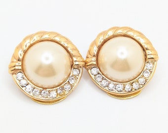 Vintage Two Tone Mixed Metal Faux Pearl Rhinestone Button Round Clip On Earrings Ornate Simple Statement Present Wedding Bridal Gift