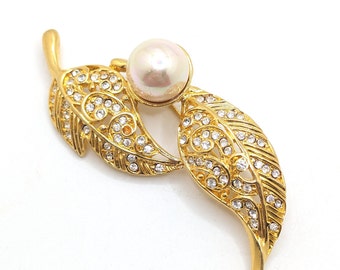 Vintage Large Gold Tone Faux Pearl Rhinestone Brooch Lapel Pin Leaf Leaves Wedding Party Bridal Bridesmaid Unisex Gift Present Accessory