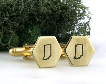 Indiana State Hexagon Cufflinks | Brass Cufflinks | Gold Cufflinks | Groom Gift | Groomsman Gift | Wedding Accessories