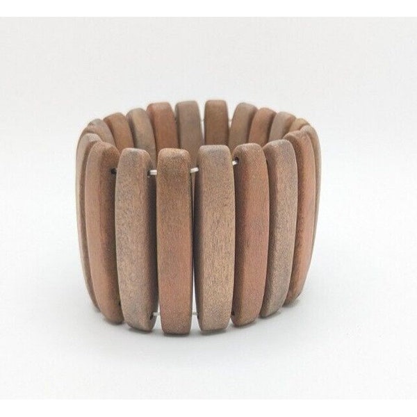 Vintage Large Panel Wood Bracelet Cuff Bangle Unique Funky 1970s Jewelry Statement Stretch Stretchy MCM Mid Century Modern Gift