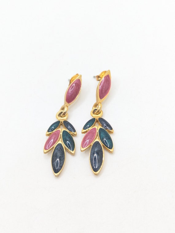 Vintage Leaf Dangle Stud Earrings Navy Blue Bright