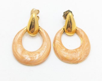 Vintage Drop Dangle Peach Cream Marble Marbled Earrings Gold Tone Beach Ocean Vacation Present Gift For Her 1980s 80s Cream