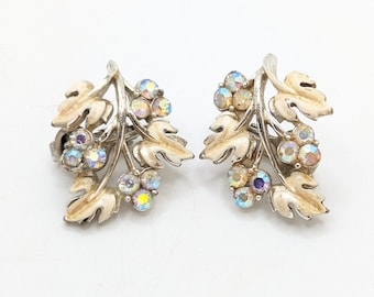 Vintage Coro Signed Aurora Borealis Rhinestone Leaf Clip On Earrings Cream Silver Enamel Leaves Bridal Bridesmaid Gift Wedding For Her