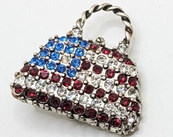 Vintage Signed Premier Design American Flag Rhinestone Purse Pin Brooch Lapel GIft For Her 4th Of July Summer USA Pride