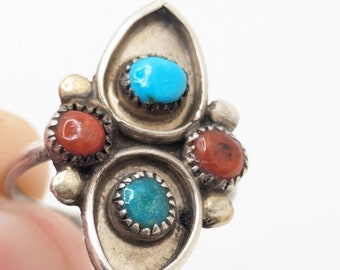 Vintage Rare Native American Coral Turquoise Stone Ring Size 6 Chunky Large Gift For Her Aztec Wedding Bridal Present Mothers Day