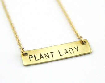 Plant Lady Brass Bar Stamped Necklace | Crazy Plant Lady | Plant Mom Jewelry | Geometric Necklace | Plant Lover | Plant Mama | Succulent