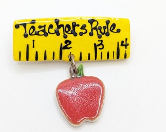 Vintage Handmade Teachers Rule Ruler Apple Clay Brooch Lapel Pin Hand Painted Teacher Gift Present Appreciation Gifts