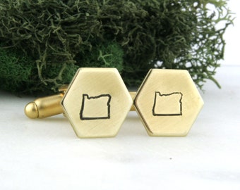 Oregon State Hexagon Cufflinks | Brass Cufflinks | Gold Cufflinks | Groom Gift | Groomsman Gift | Wedding Accessories