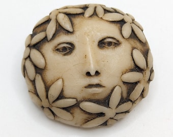 Vintage Carved Resin Rare Woman Face Brooch Lapel Pin OOAK Flower Floral Weird Unique Scatter Gift For Her Present