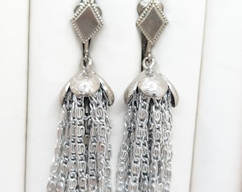 Vintage Sarah Coventry Silver Drop Dangle Chain Clip On Earrings For Her Present Chandelier Ornate Costume Jewelry Geometric Flapper Gift