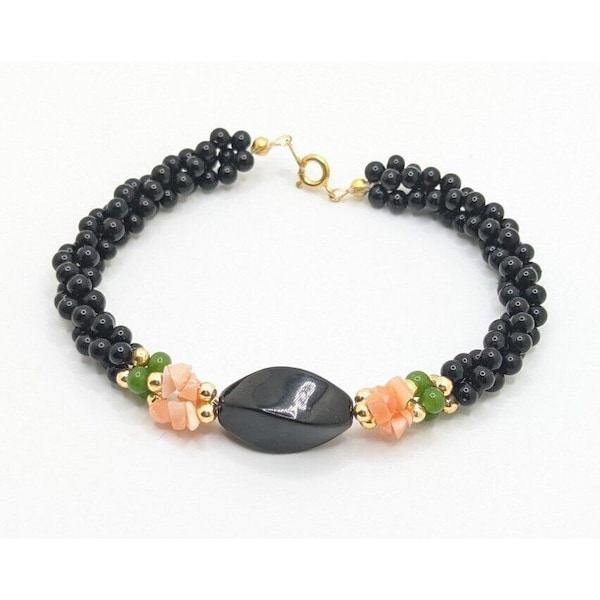 Vintage Hawaii Black Onyx Green Jade Coral Chip Bracelet Hwaiian Boho Bohemian Stone Island Jewelry Gift For Her Him Guy Girl