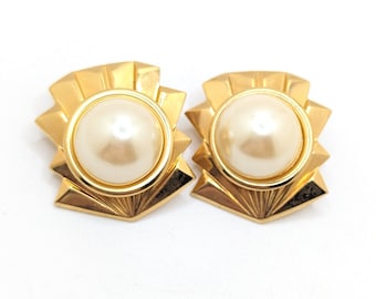 Vintage Art Deco Faux Pearl Clip On Earrings Gold Tone Geometric Fan Chunky Large Statement Jewelry Wedding Bridal Gift For Her Present Wife