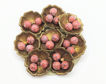 Antique Large Brass Beaded Brooch Flower Lapel Pin Speckled Pink Blue Gender Reveal Jewelry Chunky Rare Daisy Rose Peony Christmas Gift Her