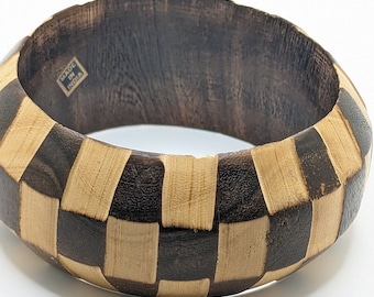 Vintage Wood Checkerboard Checker Bracelet Bangle Handmade Carved Statement Jewelry Costume Jewelry
