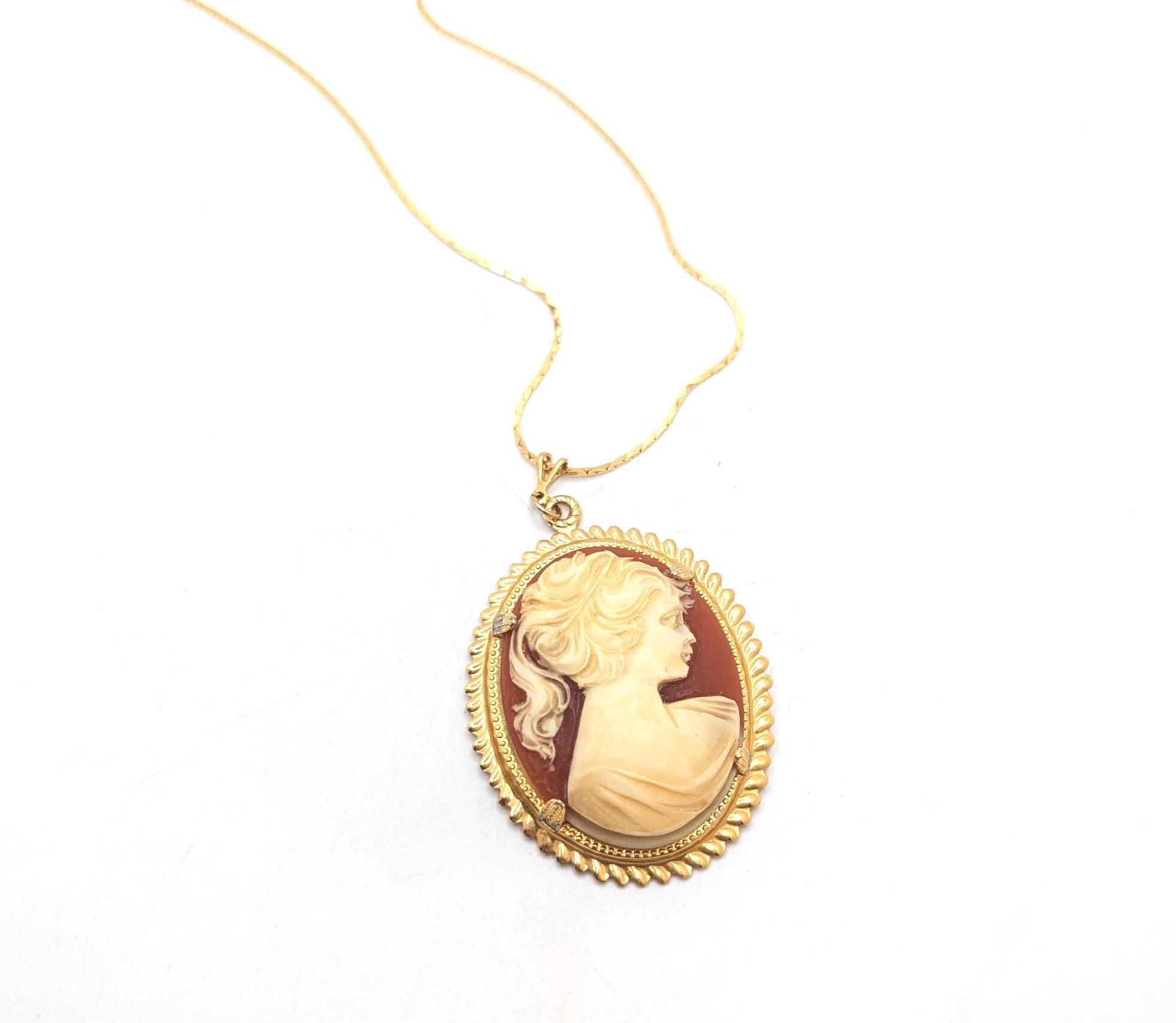 Vintage Large Cameo Pink Silhouette Woman Necklace Long Layering