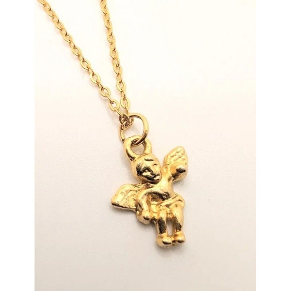 Vintage Gold Tone Cherub Angel Pendant Necklace 16" Wings Minimal Present Gift For Her Woman Holiday Christmas