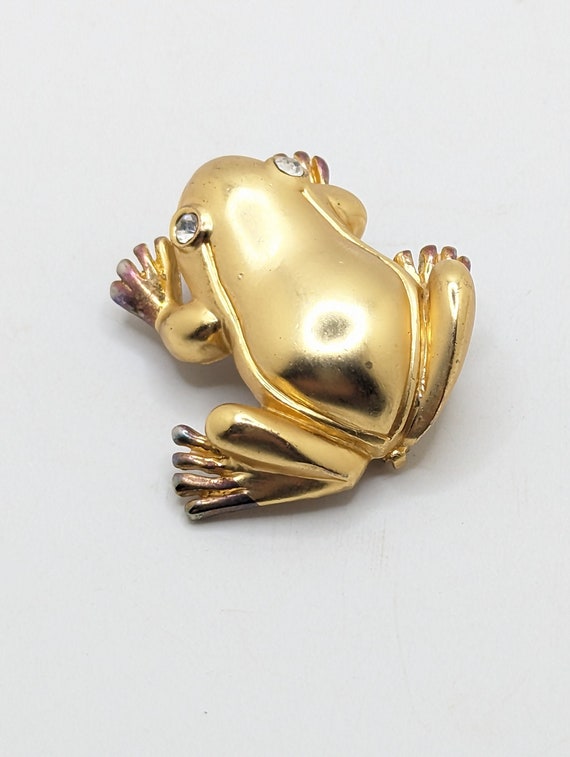 Large Vintage Frog Gold Tone Brooch Lapel Pin Rhi… - image 3