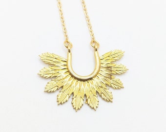 Vintage Style Art Deco Fan Gold Plated Brass Necklace Leaf Bridal Jewelry Bridesmaid Wedding Flapper Present Gift Geometric Leaves