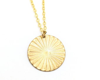 Round Art Deco Style Ornate Gold Tone Abstract Necklace Geometric Flapper Style Present Gift For Her Mothers Day Feminine Dainty Plated