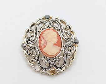 Vintage Cameo Brooch Lapel Pin Aurora Borealis Pink Present Gift For Her Feminine Filigree Silver Tone Wedding Bridal Floral